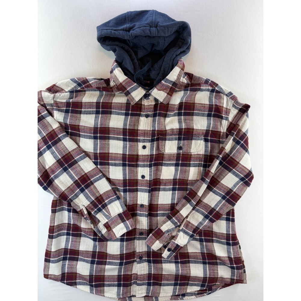 American Eagle Super Soft Plaid Flannel Hooded Shirt Mens XXL Burgundy Blue
